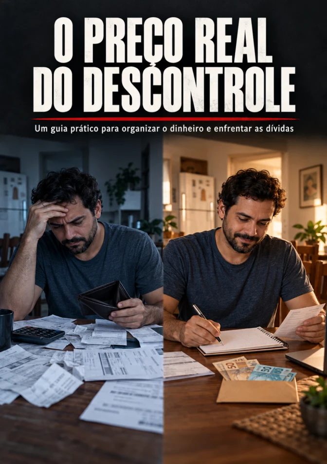 Capa de O Preço Real do Descontrole, com um homem em duas situações financeiras